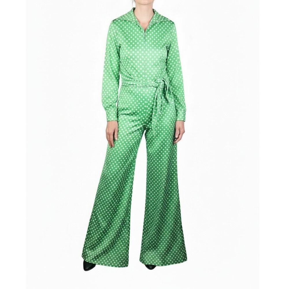 Vintage 70s Connections Green and White Polka Dot Wide Leg Jumpsuit